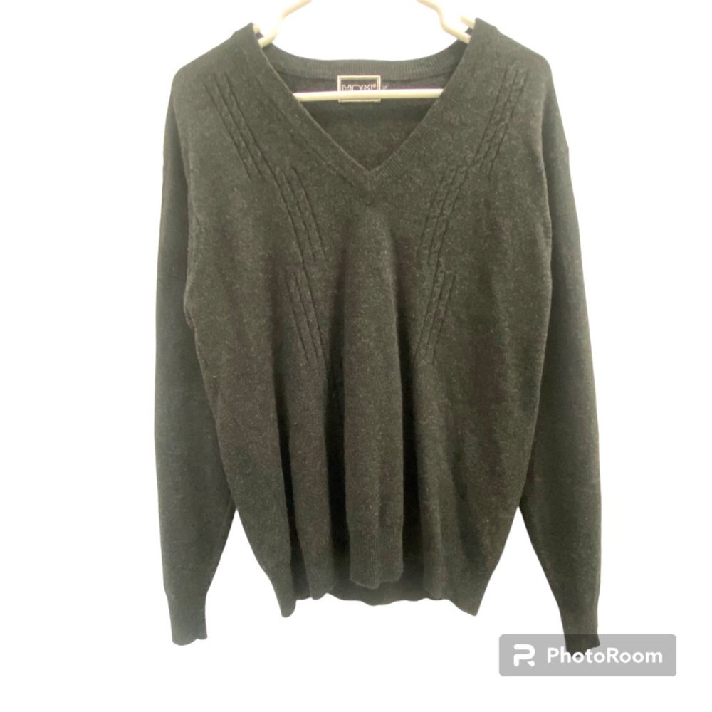 Vintage HOM Wool Dark Gray‎ Knit Long Sleeve V-Neck Sweater Men's Small
